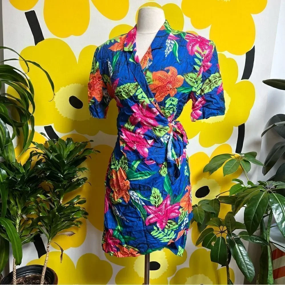 Vintage 80s / 90s Neon Tropical Hawaiian Tiki 3 piece Beach Vacation Skirt Set